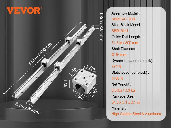 2PCS Linear Guide Rails UU Bearing Blocks Smooth Motion