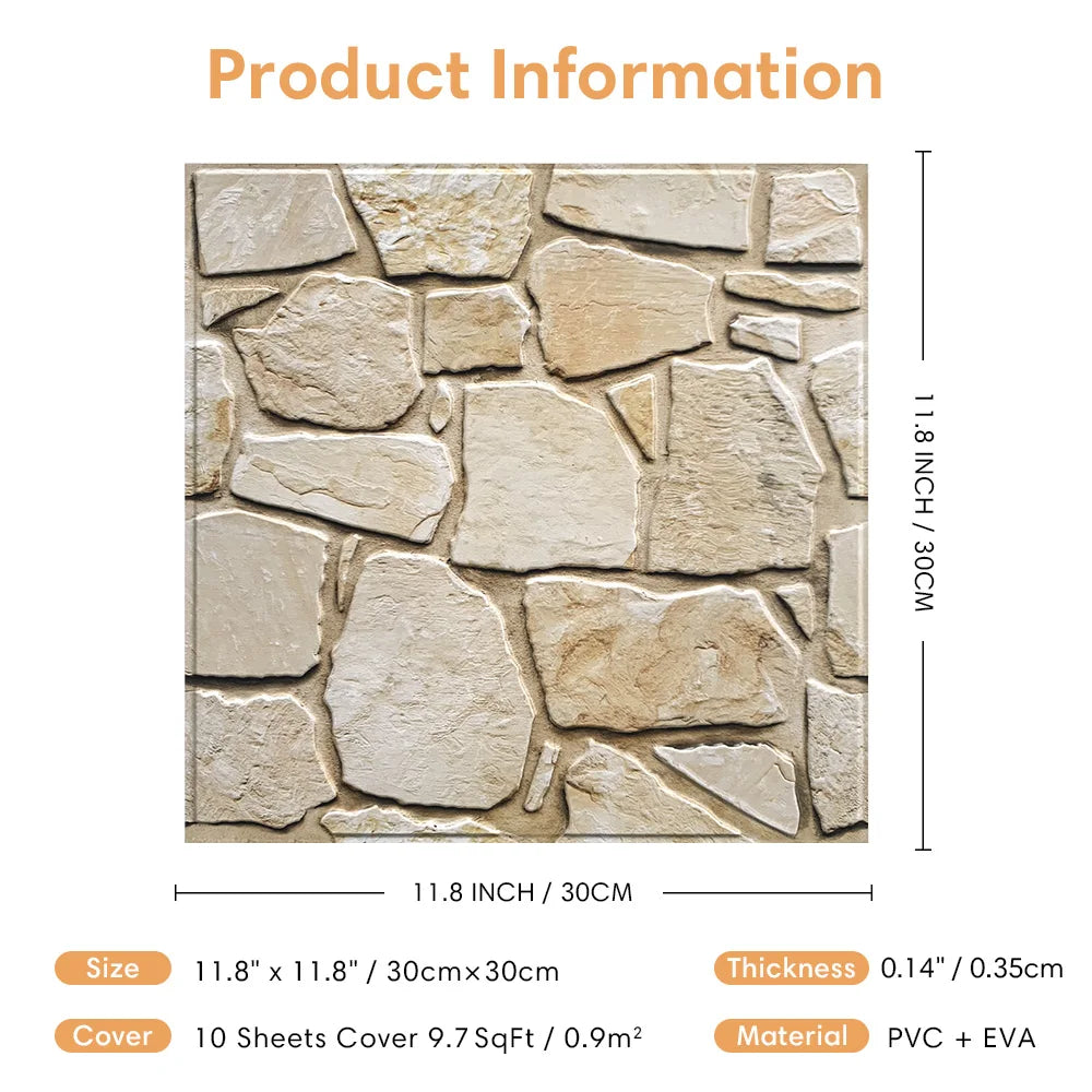 10 pcs, 3D PVC Faux Stone Waterproof Wall Panel