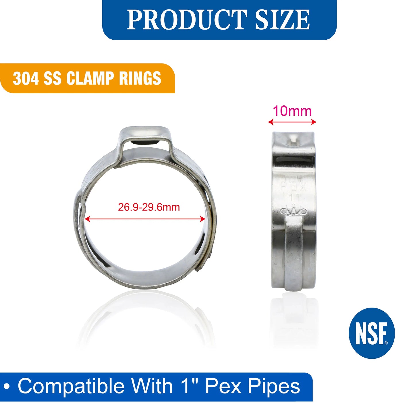 1" PEX Stainless Steel Clamp Rings; Suitable for PEX B/C Pipe, PERT Pipe