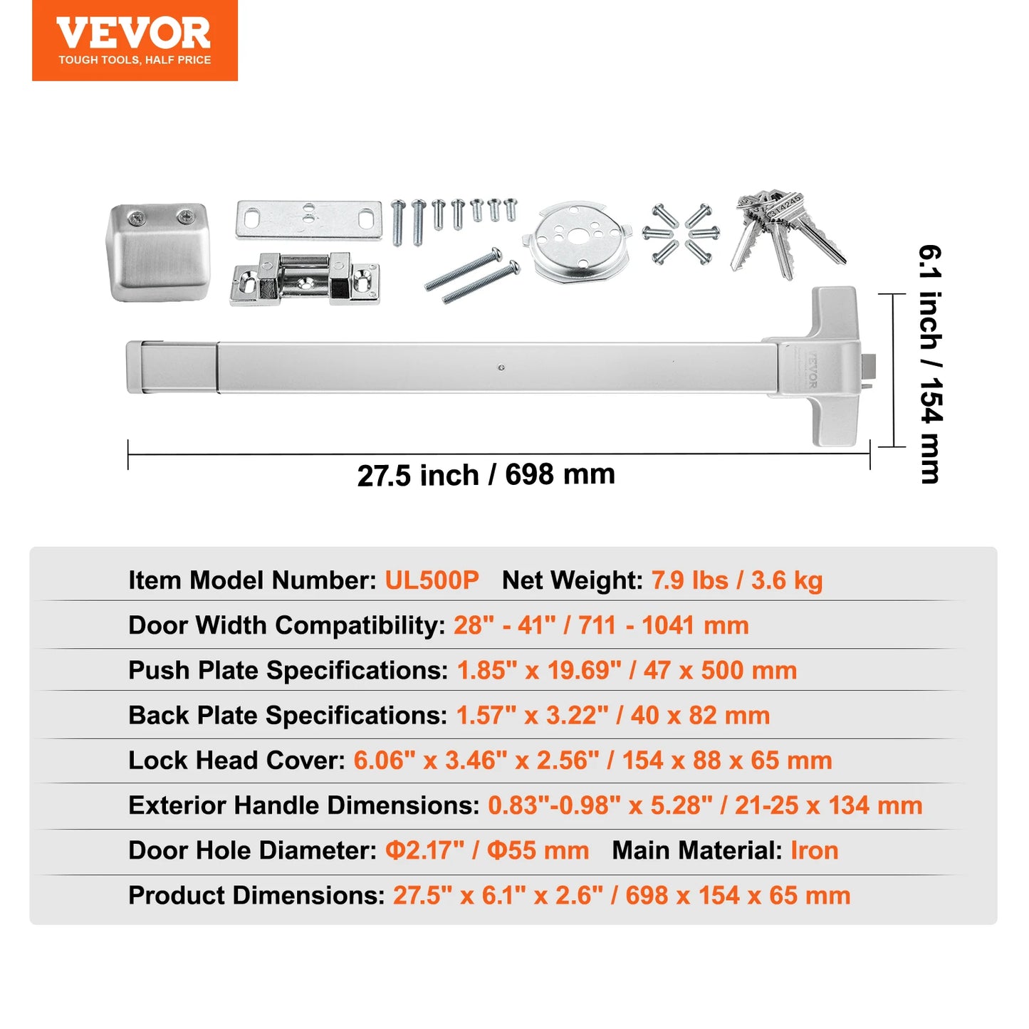 VEVOR Push Bar Door Locks Stainless Steel Panic Bars for Exit Doors