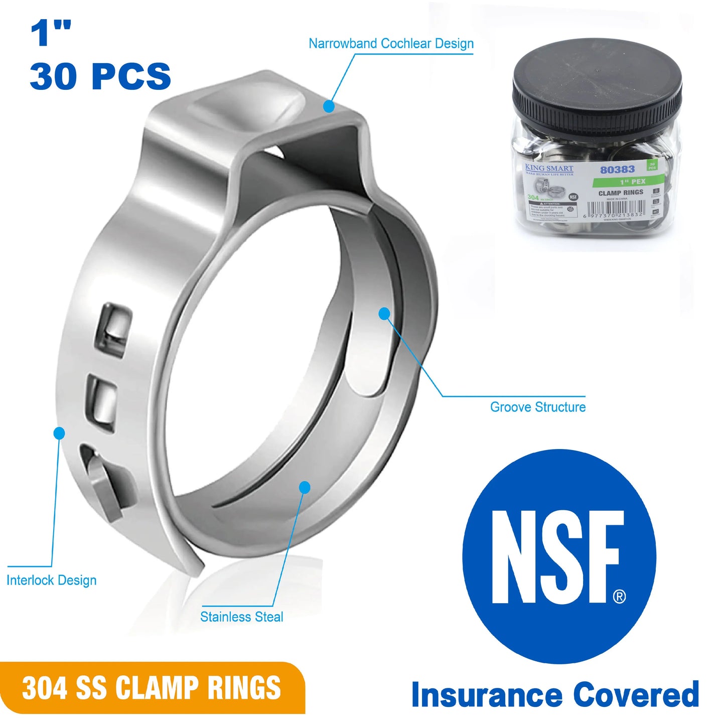 1" PEX Stainless Steel Clamp Rings; Suitable for PEX B/C Pipe, PERT Pipe