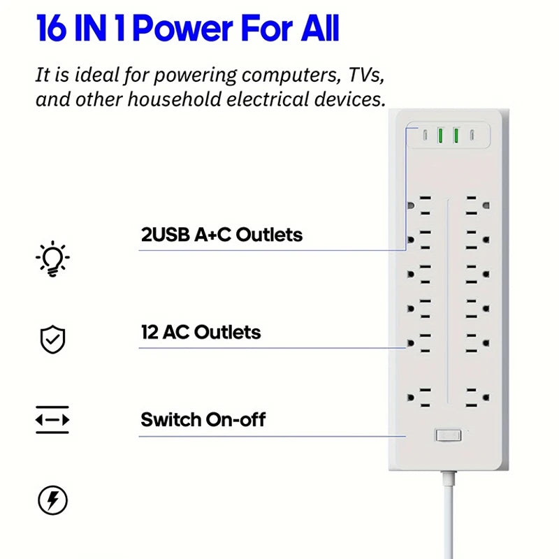 16 Ports Power Strip US Plug AC Outlets Electrical Socket Extension
