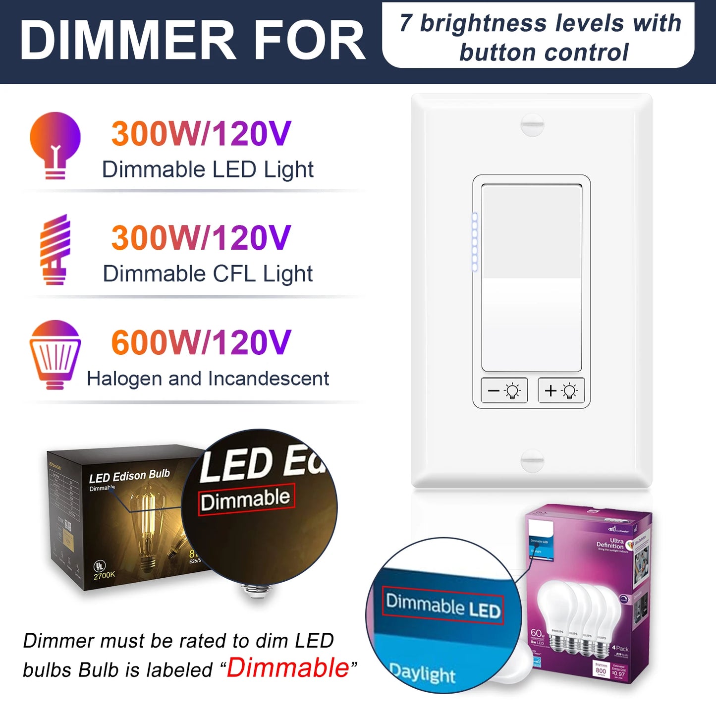2-10PK Dimmer Light Switch 3 Way Dimmer Switch