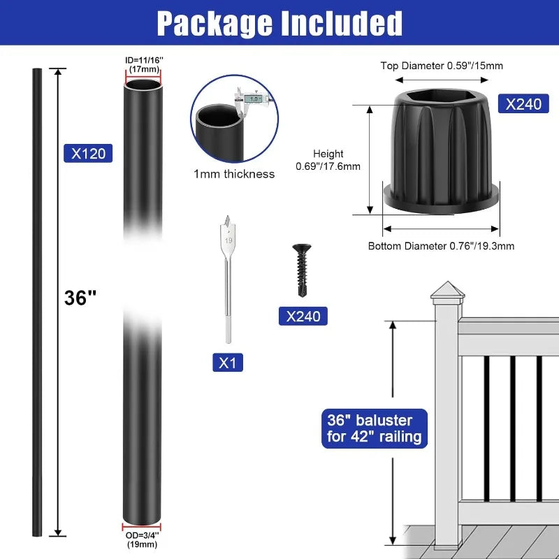 120 Pack 36" Aluminum Deck Balusters with Anti-UV Baluster Connectors