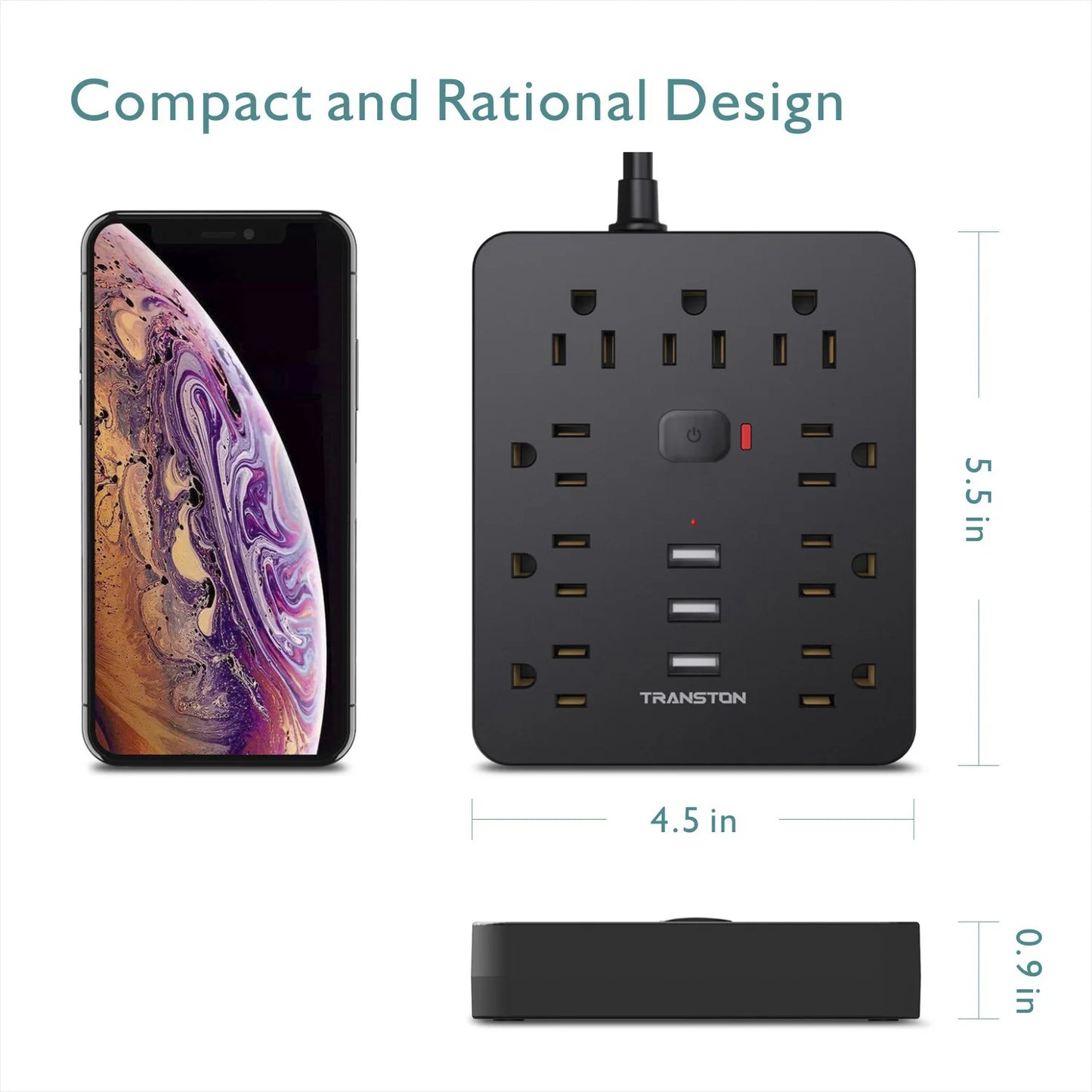 Power Outlet with Surge Protector, 9 power strip 3 USB Ports, 5ft Extension Cord