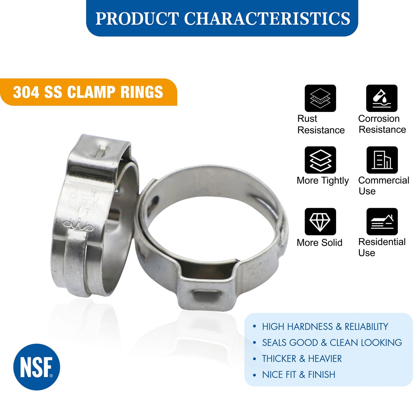 1" PEX Stainless Steel Clamp Rings; Suitable for PEX B/C Pipe, PERT Pipe
