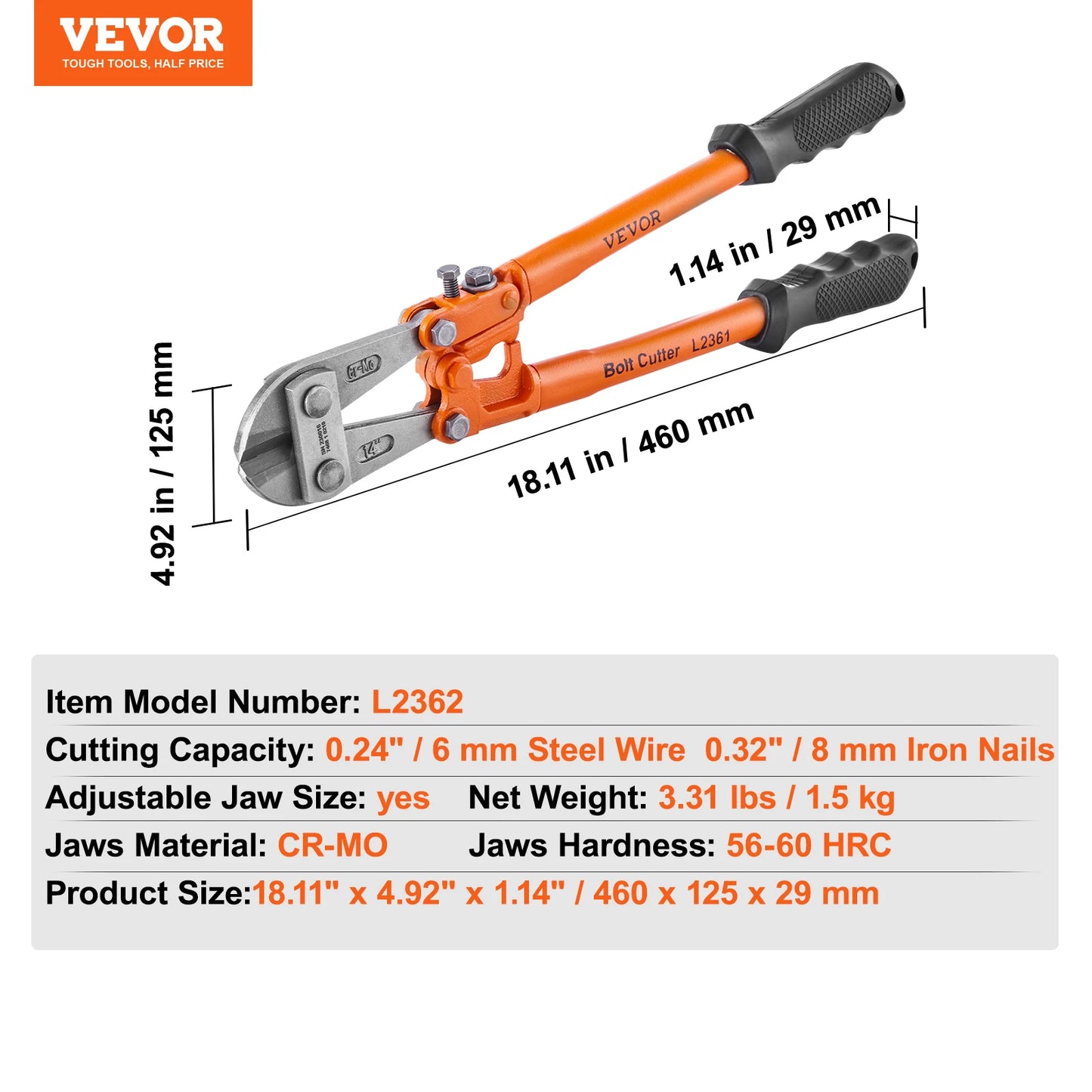 VEVOR Bolt Cutter 8in/14in/18in/24in with Soft Rubber Grip