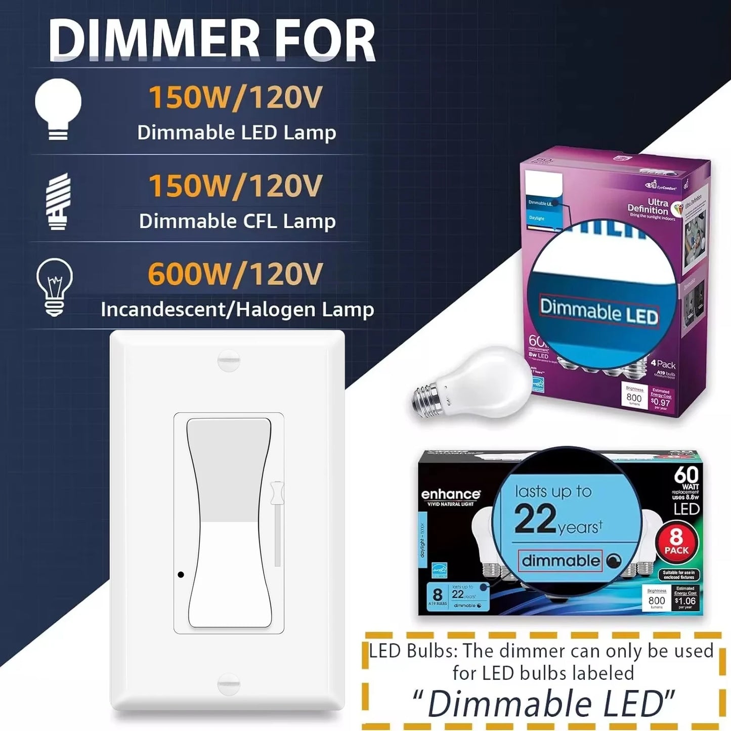 2 Pack Decora Dimmer Light Switch Single Pole / 3-Way - LED