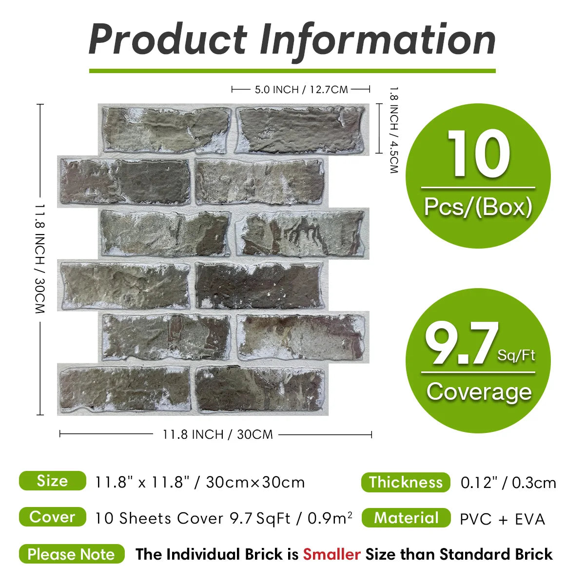 10pcs 3D Faux Brick Wall Panels, Tile Stickers Waterproof