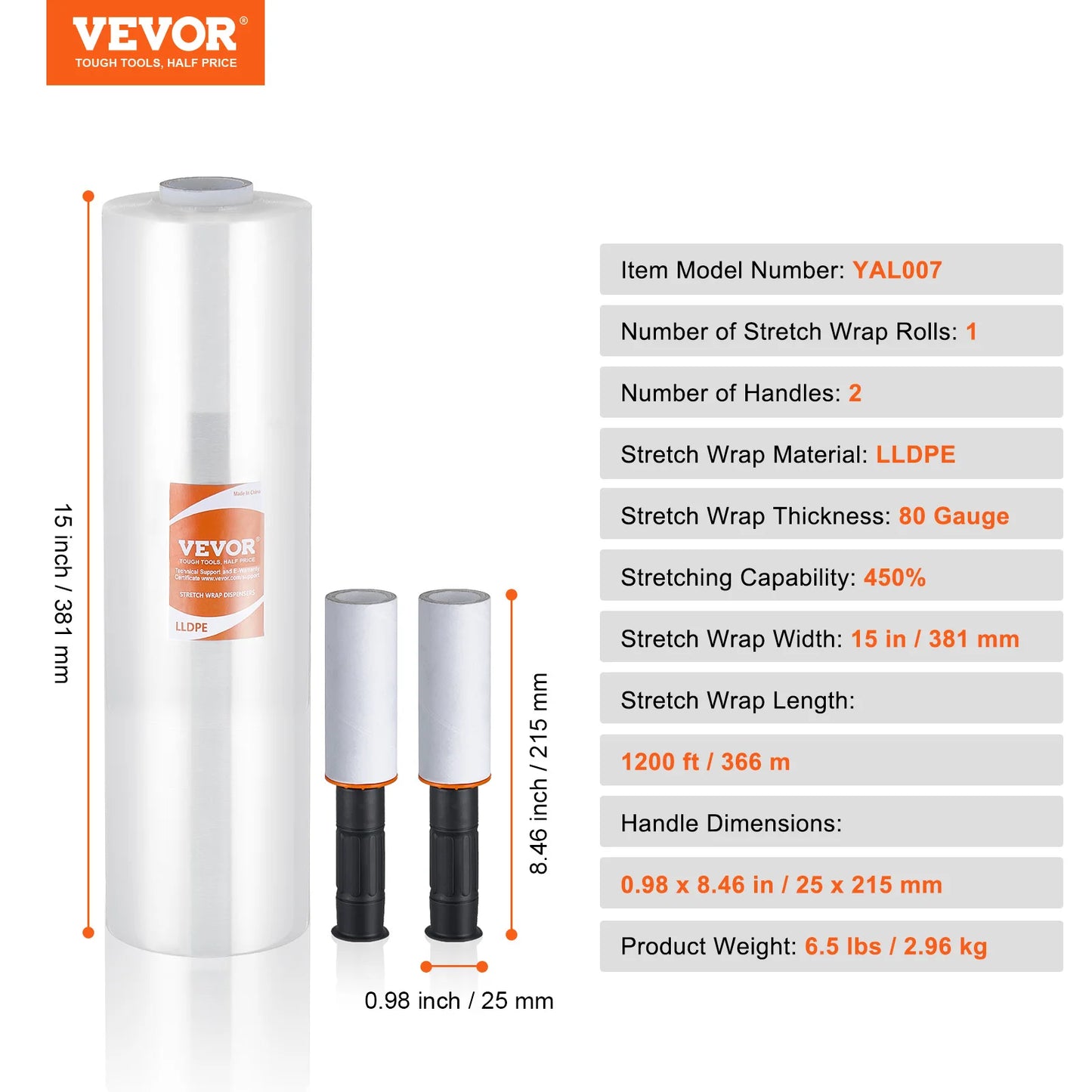 VEVOR 1/2/3/4 Packs Stretch Film 15 in Clear Shrink Film Roll