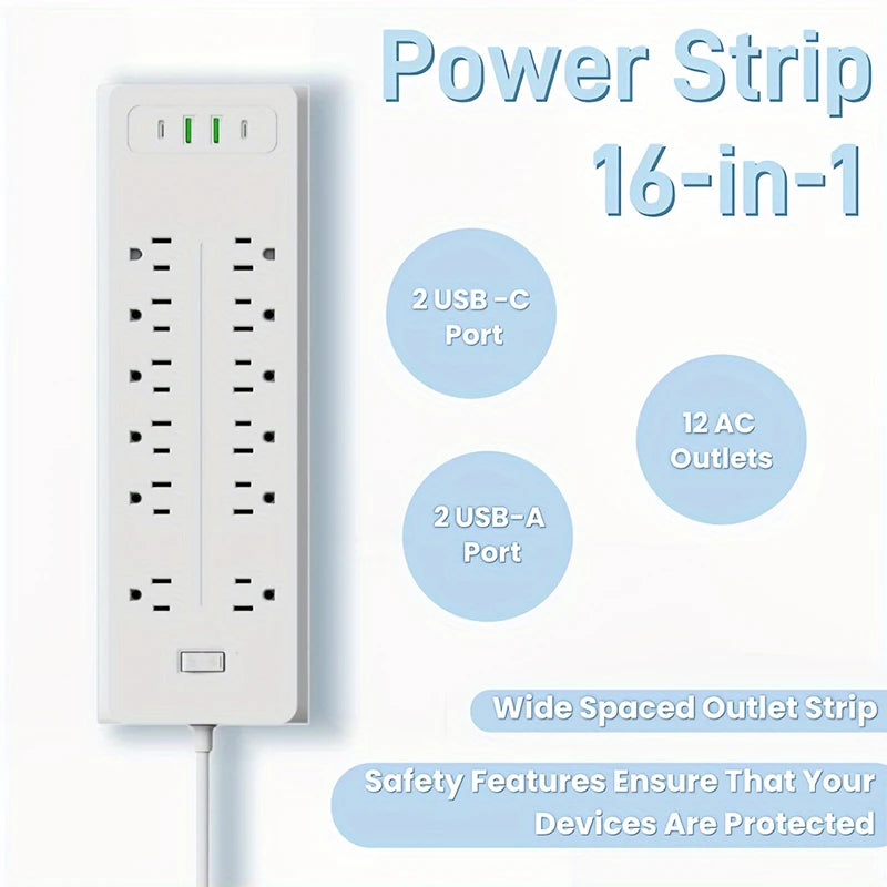 16 Ports Power Strip US Plug AC Outlets Electrical Socket Extension