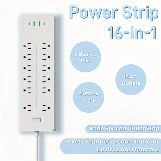 16 Ports Power Strip US Plug AC Outlets Electrical Socket Extension
