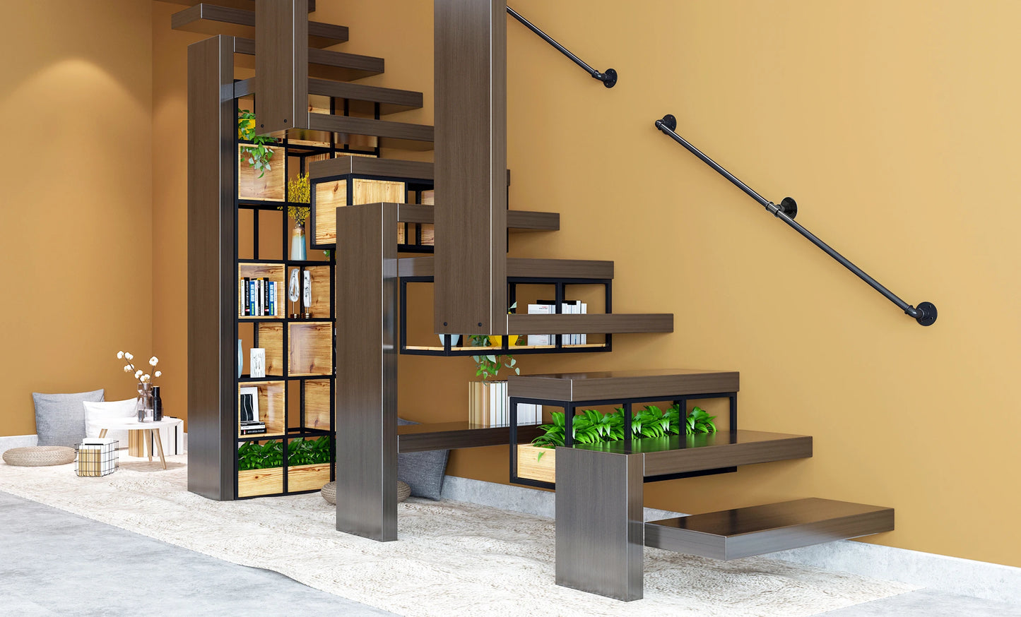 DIYHD Stair Black Pipe Handrail with Wall Mount Supports