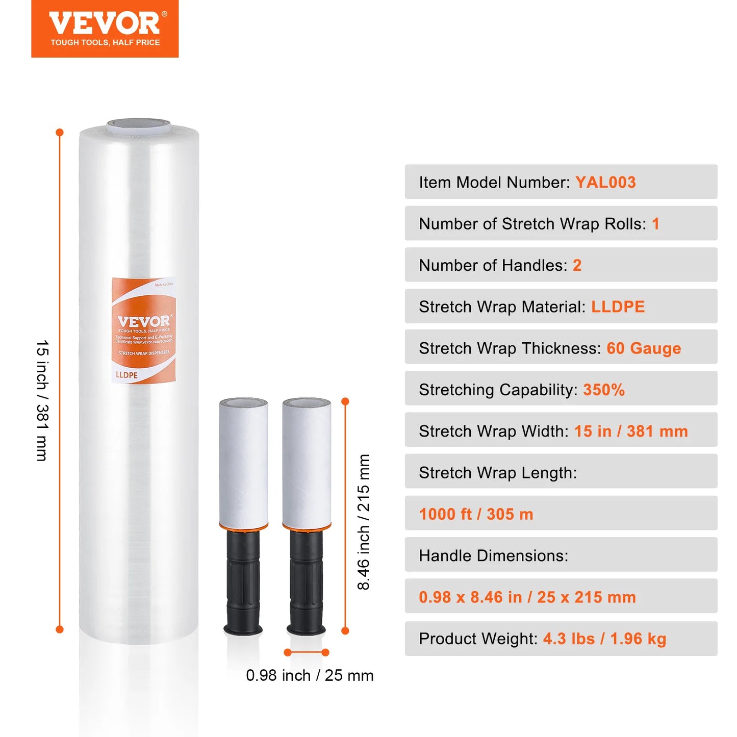 VEVOR 1/2/3/4 Packs Stretch Film 15 in Clear Shrink Film Roll