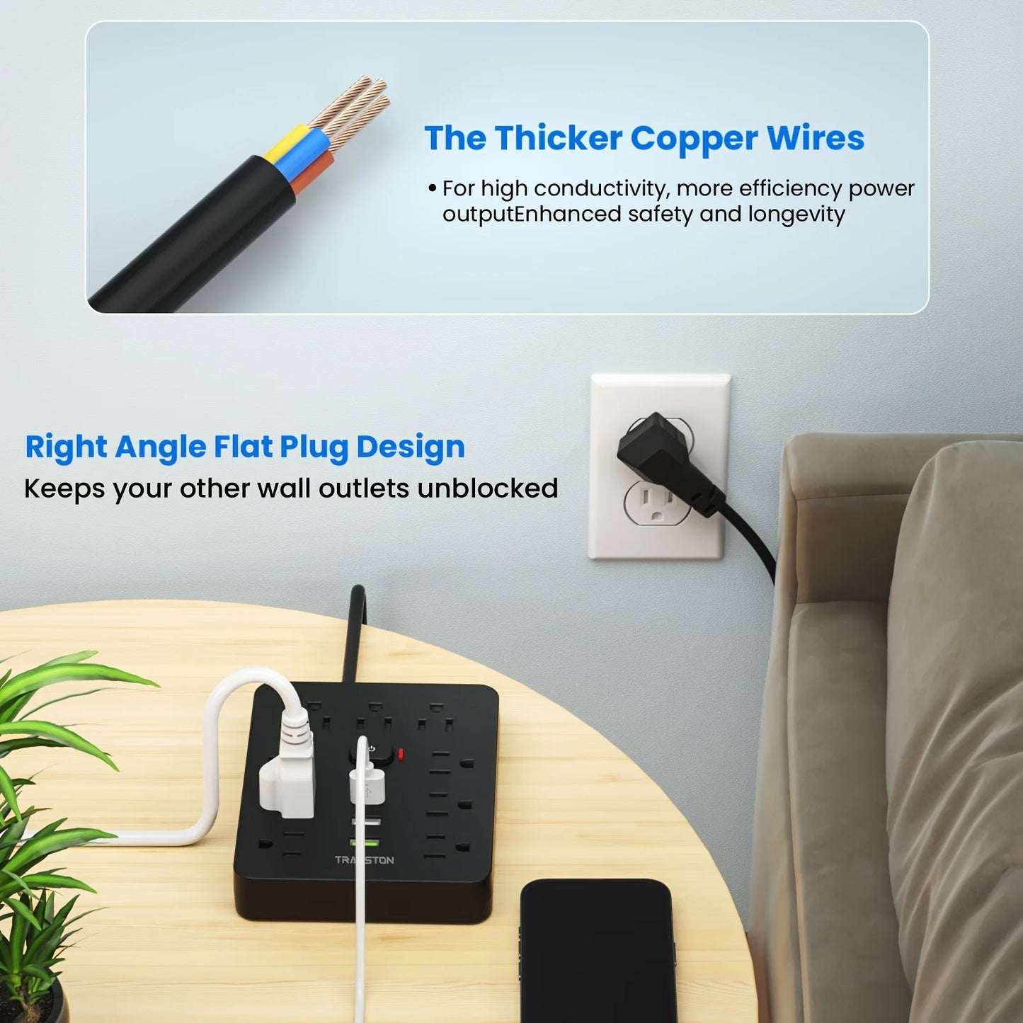 Power Outlet with Surge Protector, 9 power strip 3 USB Ports, 5ft Extension Cord