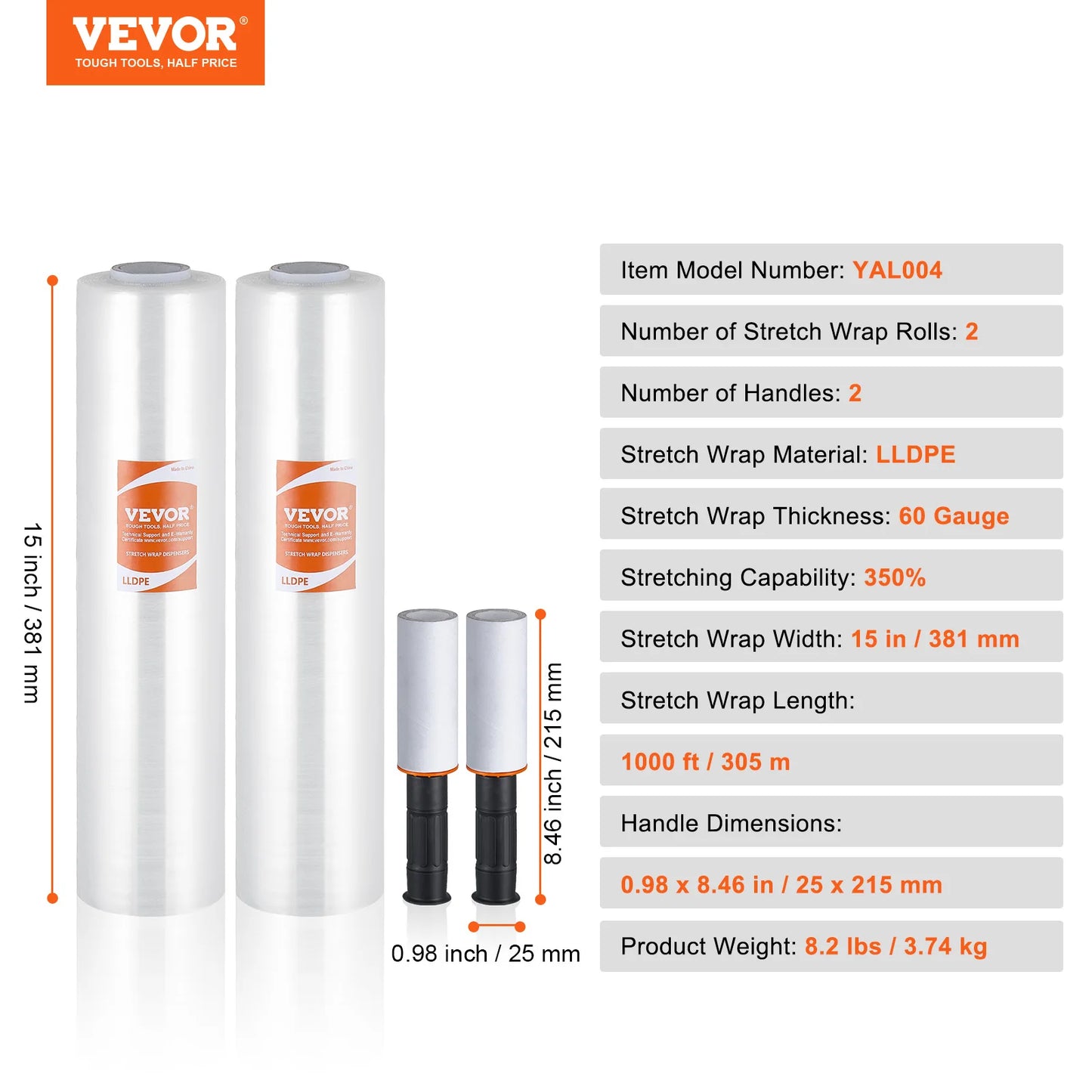 VEVOR 1/2/3/4 Packs Stretch Film 15 in Clear Shrink Film Roll