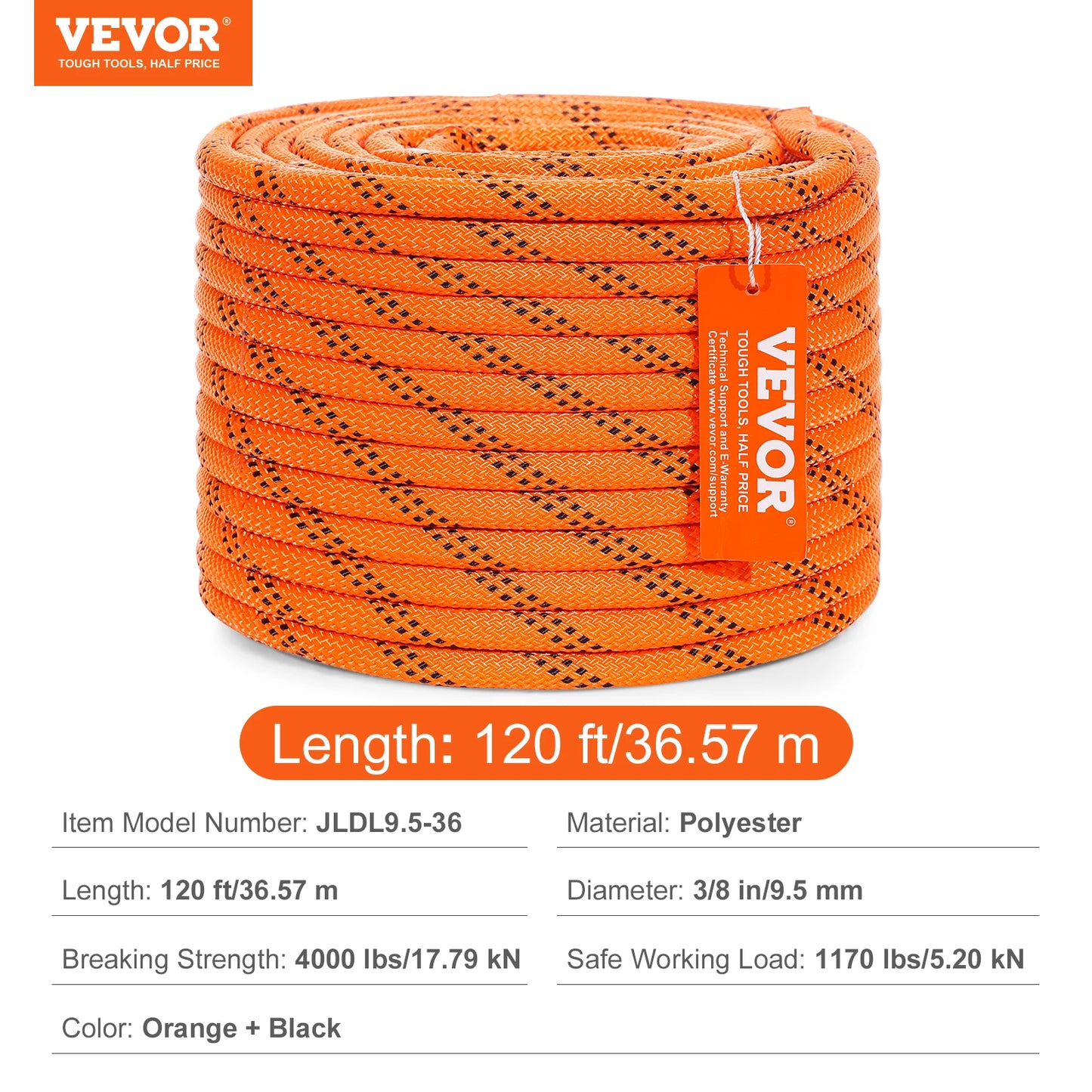 VEVOR 120ft Dual-Weave Polyester Cord 3/8 1/2 inch 48-Strand Multi-Use Rope