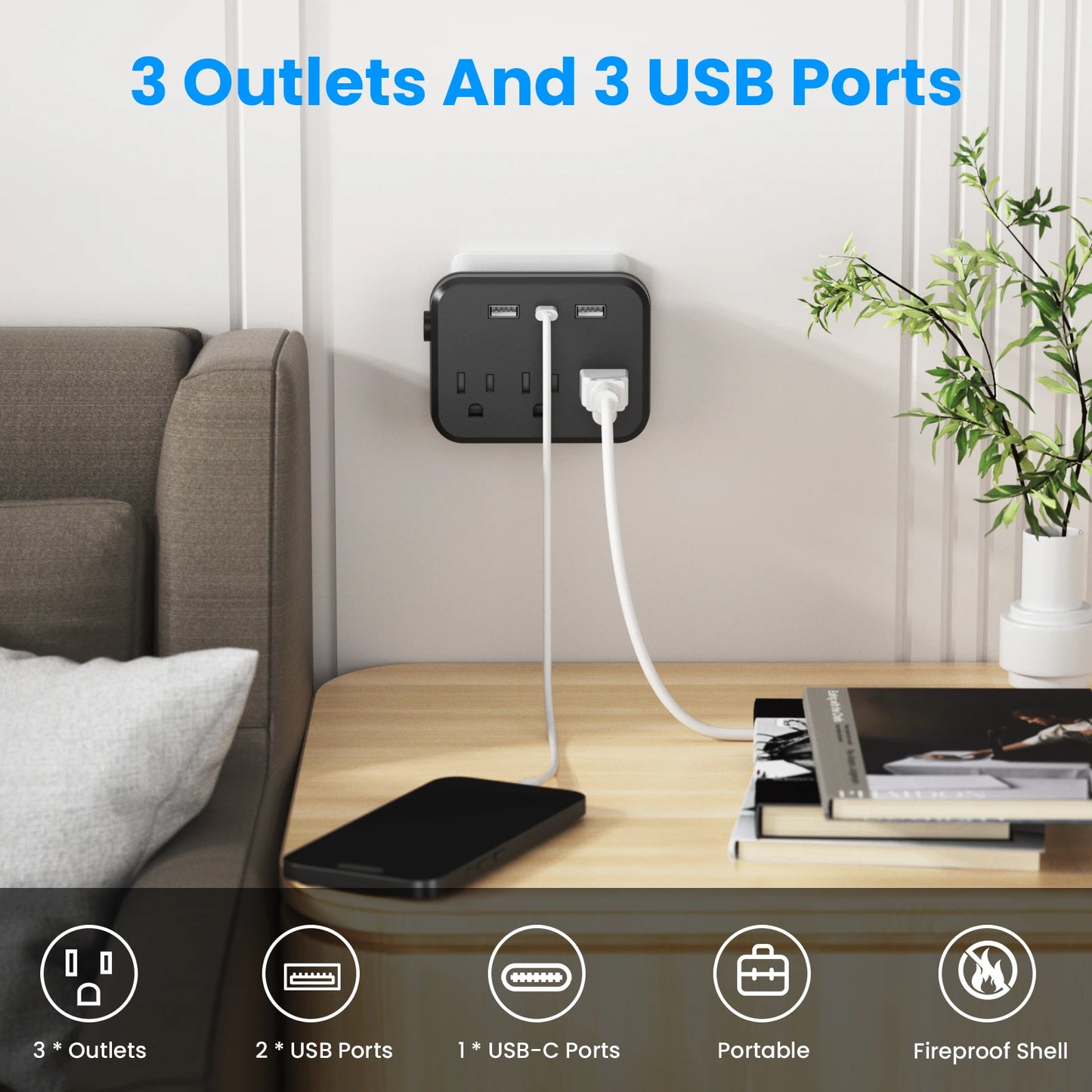 3 Pcs Mini Portable Switched 6-in-1 Multi-Function Power Outlet