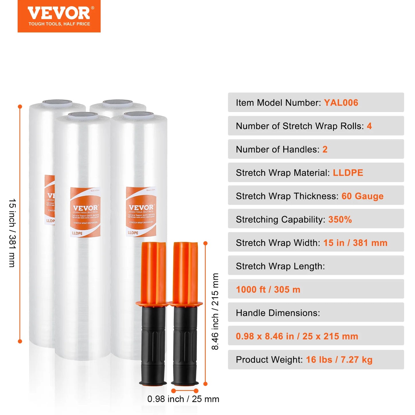 VEVOR 1/2/3/4 Packs Stretch Film 15 in Clear Shrink Film Roll