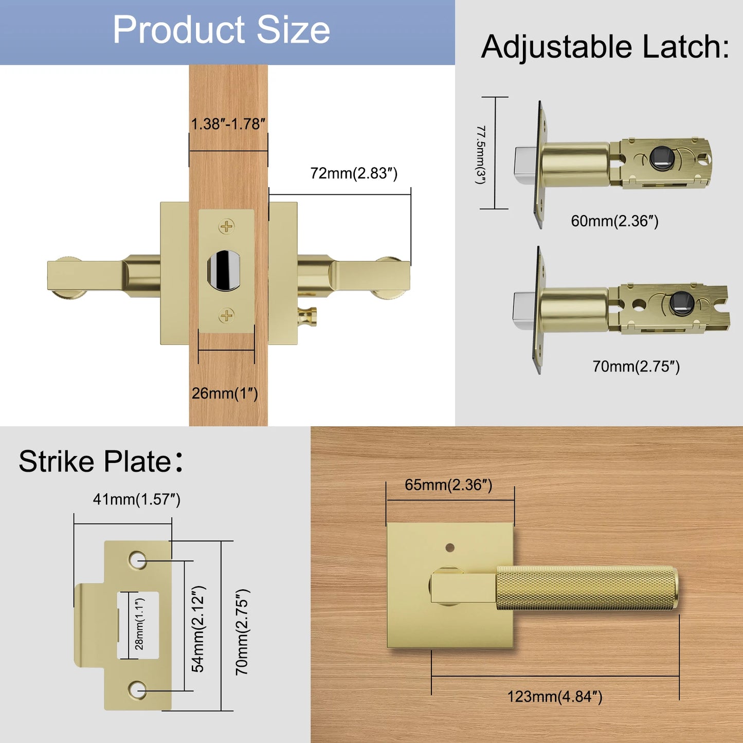 Knurled Handle Lever Bedroom Bathroom Passage Door Lock Reversible Keyless