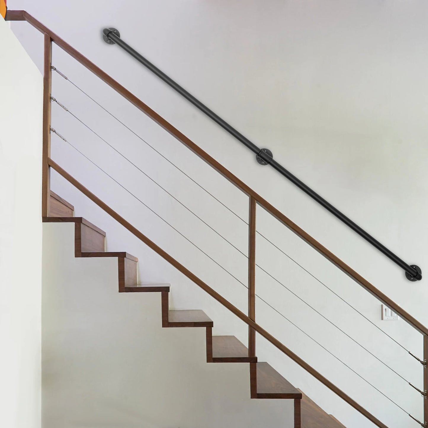 Sturdy Metal Stair Railing with Galvanized Iron Pipes, Black Industrial Style