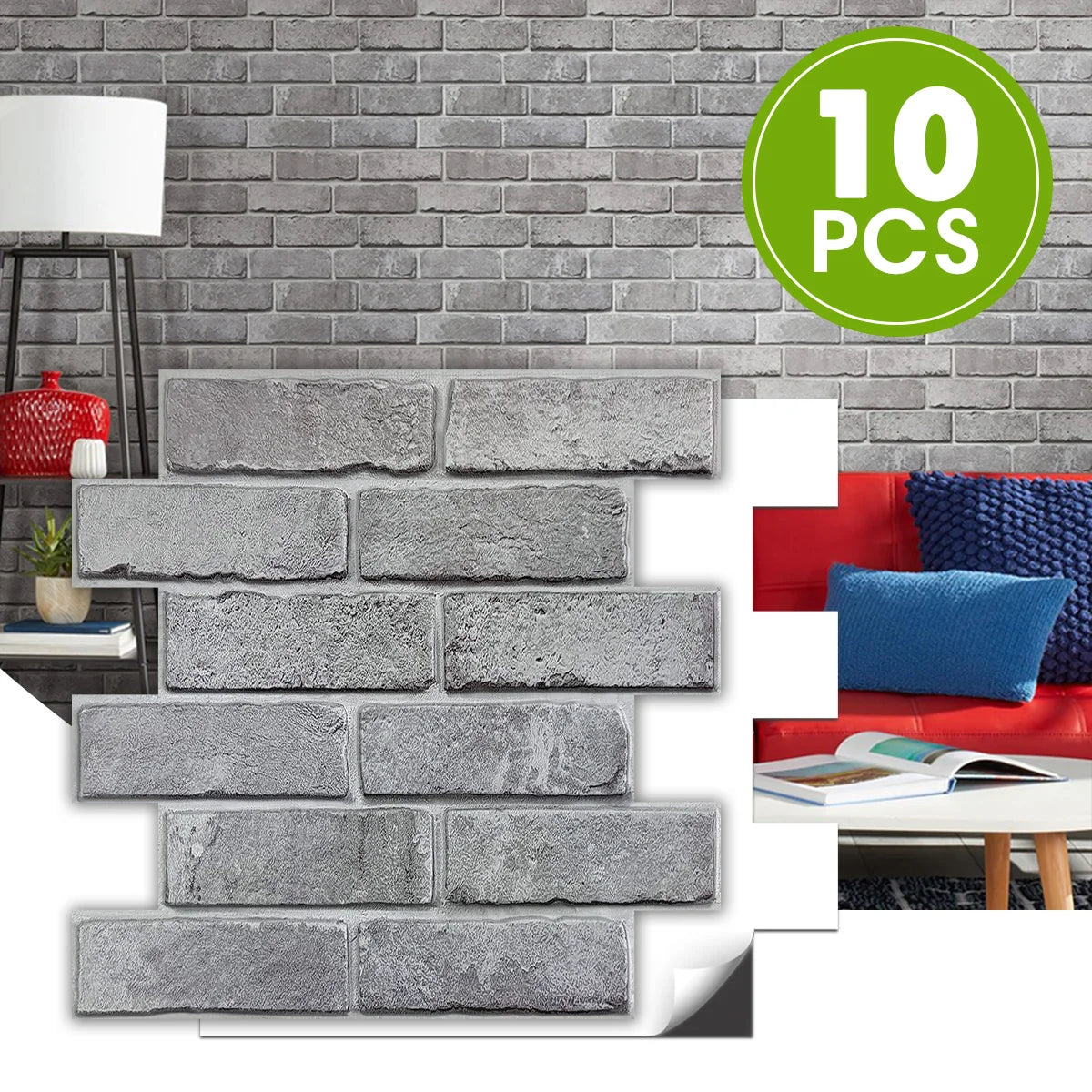 10pcs 3D Natural Grey Faux Brick Peel and Stick Wall Tile