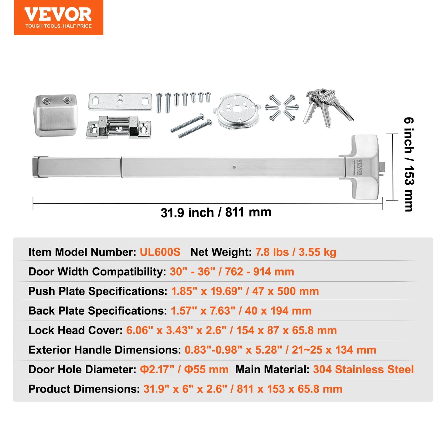 VEVOR Push Bar Door Locks Stainless Steel Panic Bars for Exit Doors