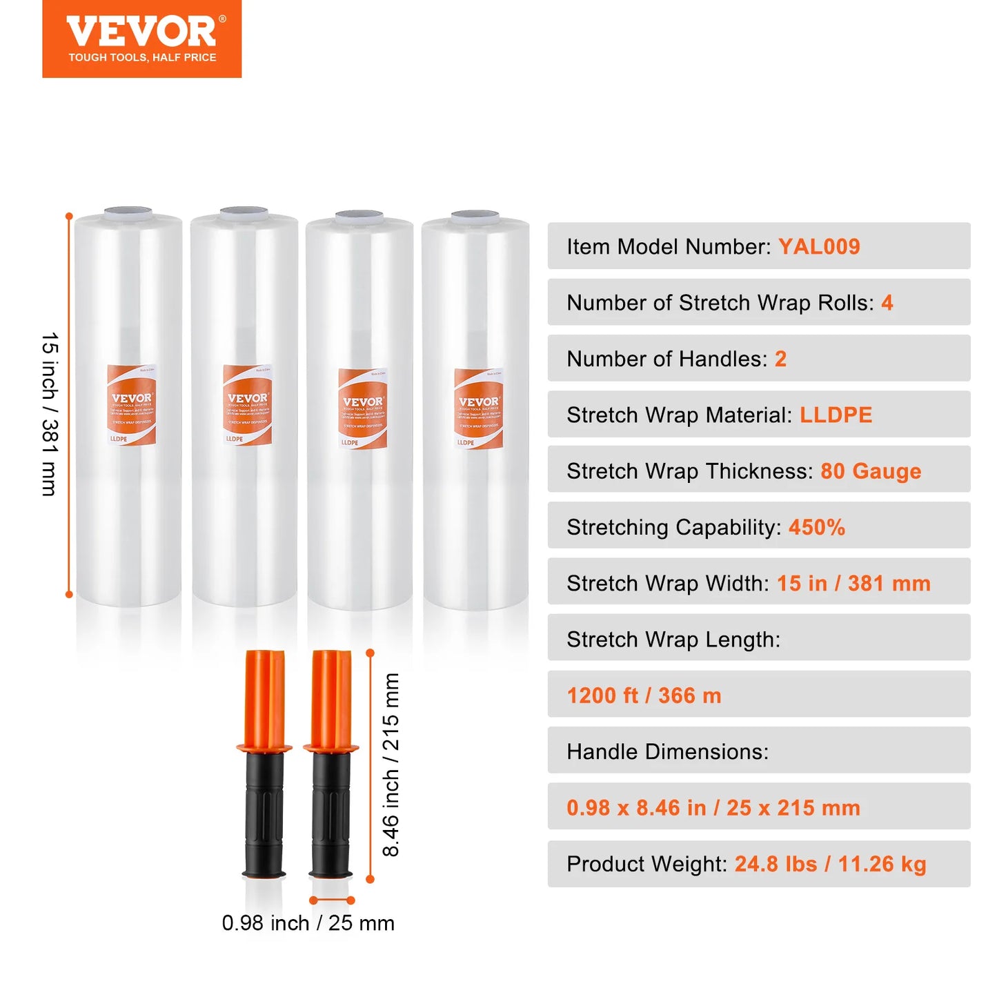 VEVOR 1/2/3/4 Packs Stretch Film 15 in Clear Shrink Film Roll