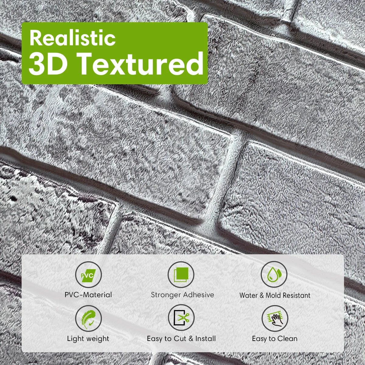 10pcs 3D Natural Grey Faux Brick Peel and Stick Wall Tile
