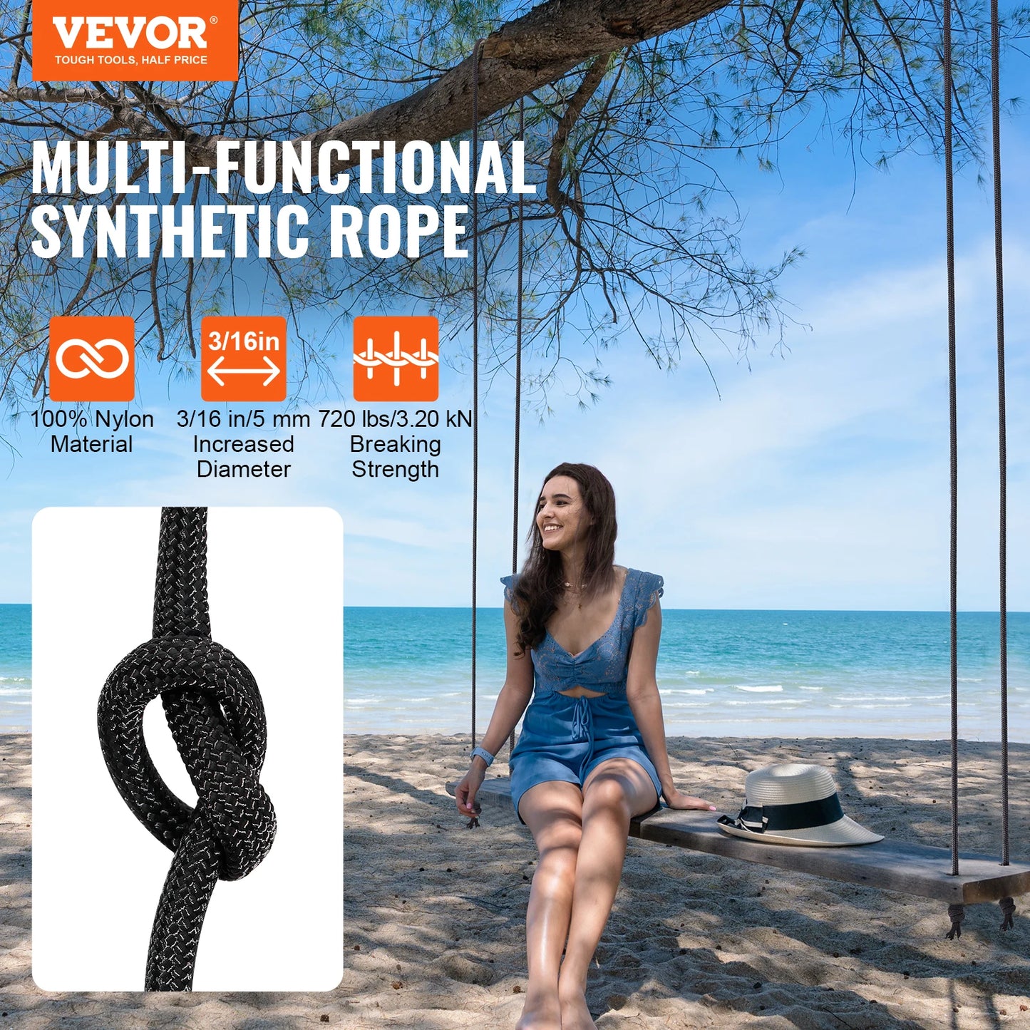3/16 inch x 250/1000ft Nylon Cord 32-Strand Design Multi-Purpose Rope