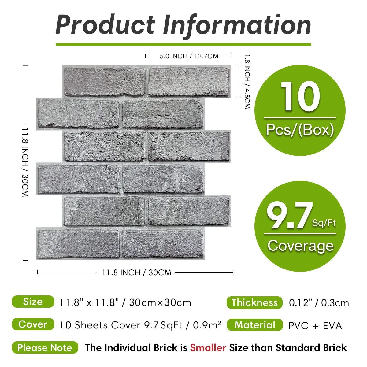 10pcs 3D Natural Grey Faux Brick Peel and Stick Wall Tile