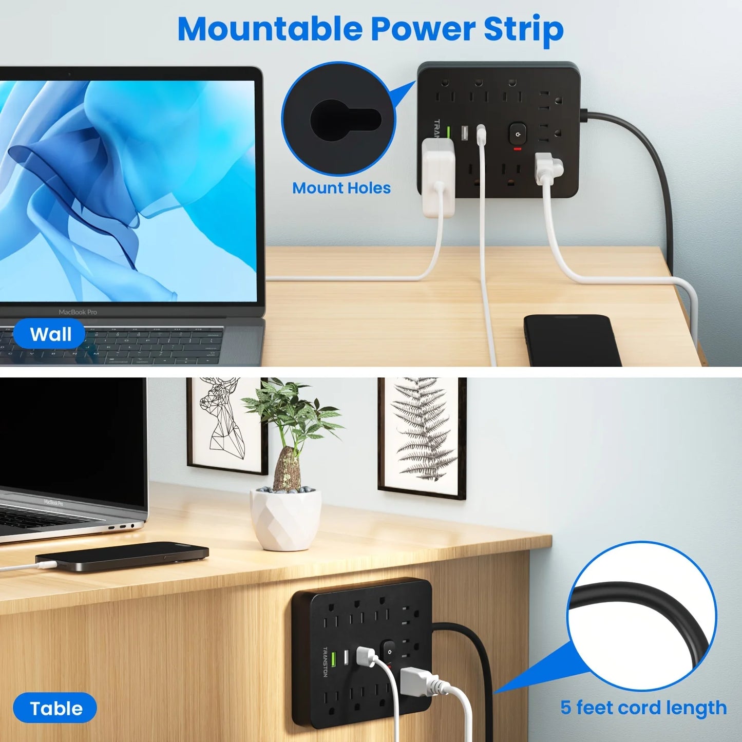 Power Outlet with Surge Protector, 9 power strip 3 USB Ports, 5ft Extension Cord