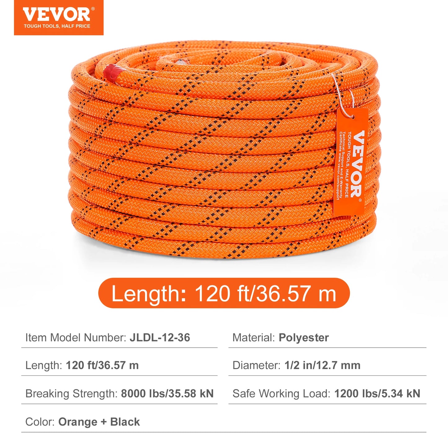 VEVOR 120ft Dual-Weave Polyester Cord 3/8 1/2 inch 48-Strand Multi-Use Rope