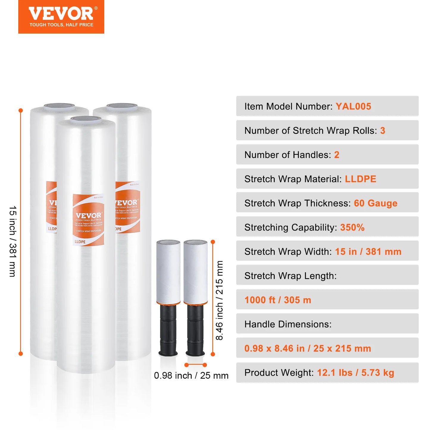 VEVOR 1/2/3/4 Packs Stretch Film 15 in Clear Shrink Film Roll
