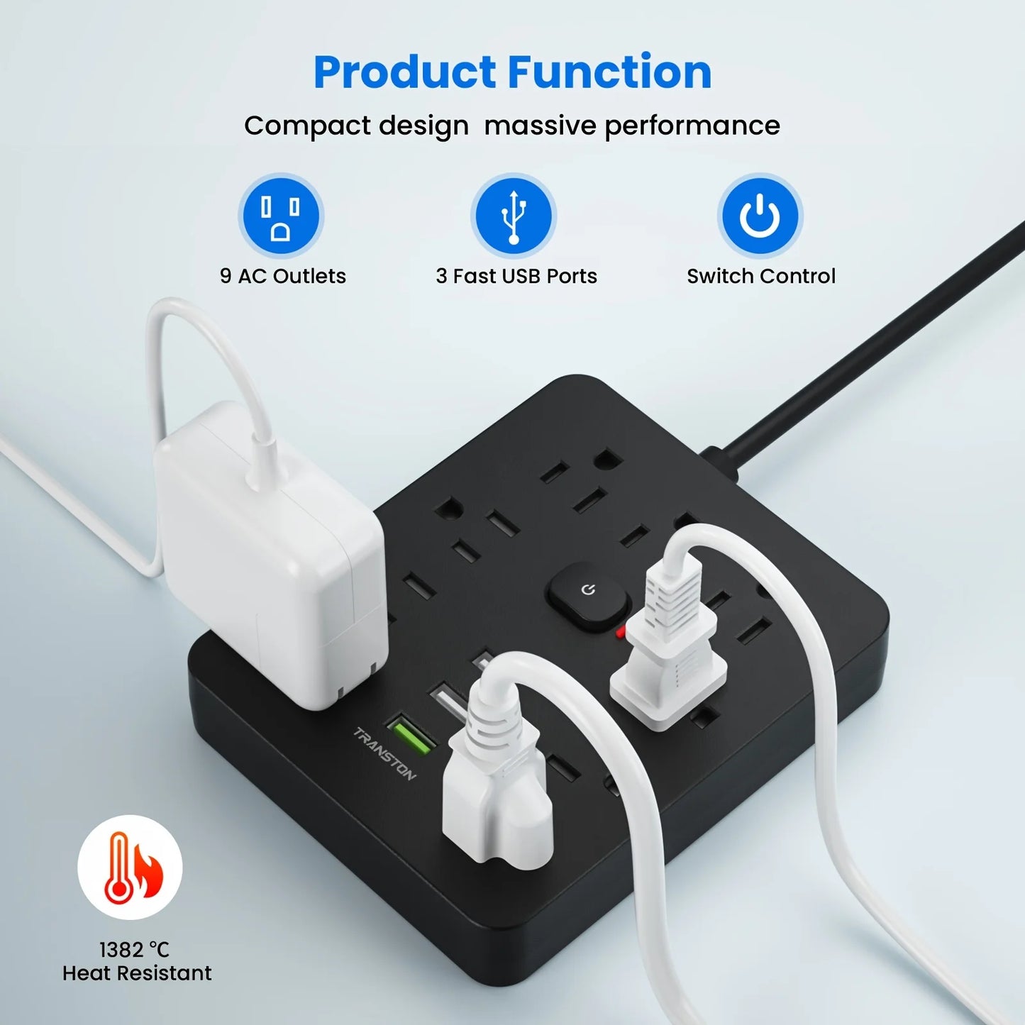 Power Outlet with Surge Protector, 9 power strip 3 USB Ports, 5ft Extension Cord