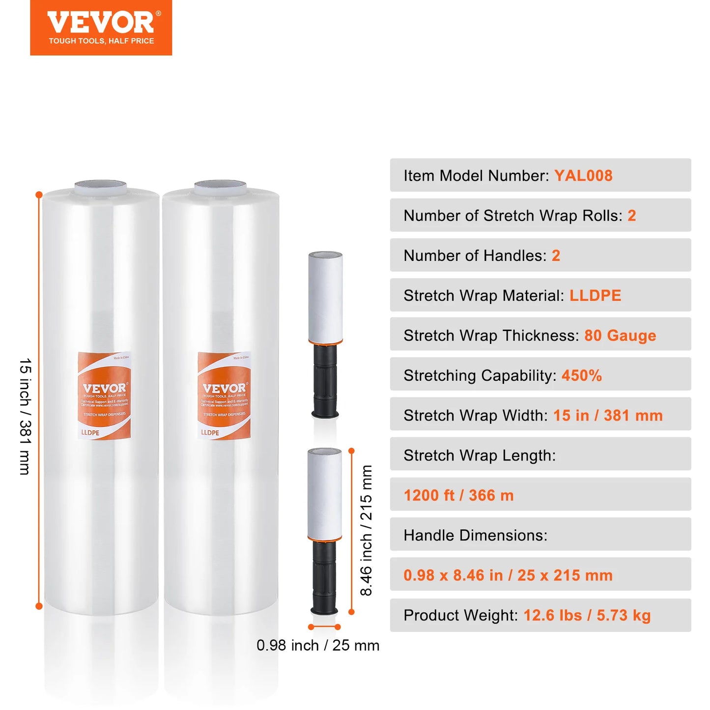 VEVOR 1/2/3/4 Packs Stretch Film 15 in Clear Shrink Film Roll